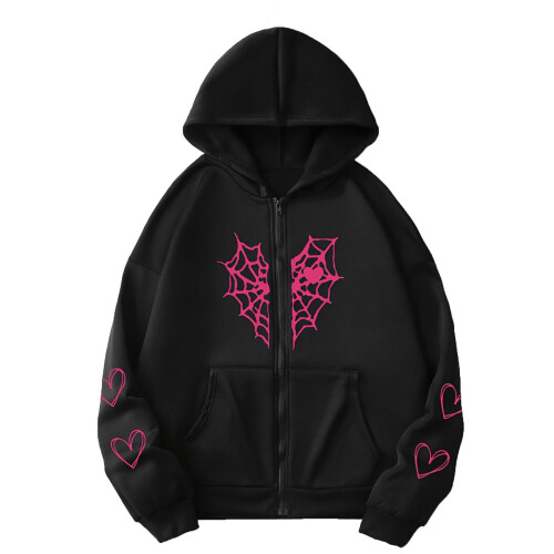 Oversized Zip-Up Hoodie Gothic Spider Web Heart Graphic