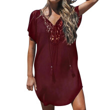 Women's Lace V-Neck Crochet Beach Coverup, Wine XL