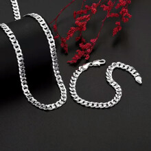 925 Sterling Silver Sideways Chain Necklace Bracelet Set 50
