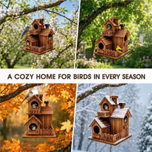 Wooden Bird Houses for Outside, 3 Compartments Villa Hanging Birdhouse, for Bluebird Wrens Finchs Backyard Garden Decor
