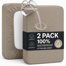 (Beige, Double ) 2 Pack Waterproof Fitted Sheet Extra Deep Skirt 30cm