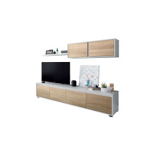 Salón con mueble de TV y estantería en blanco artik y roble canadian 200 cm Alida