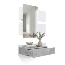 Mueble recibidor con 1 cajón y espejo en blanco artik y gris cemento 75 cm Milo