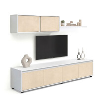 Salón con mueble de TV y estantería en blanco artik y efecto microcemento beige 200 cm Arlet