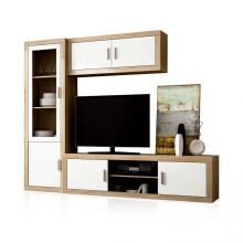 Salón modular con gran capacidad de almacenaje en cambria y blanco 240 cm Nuka V1