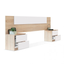 Cabecero para cama de 135-150 cm y 2 mesitas con cajones en blanco artik y roble canadian Luca
