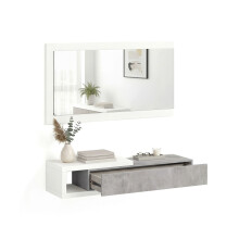 Mueble recibidor con 1 cajón y espejo en blanco artik y gris cemento 95 cm Derek