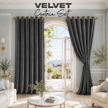 (66" x 54"_(168cm x 137cm), Charcoal) Velvet Curtains Ring Top Eyelet Curtain Pair with Tiebacks