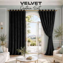 (90" x 90"_(228cm x 228cm), Black) Velvet Curtains Ring Top Eyelet Curtain Pair with Tiebacks