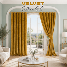 (90" x 90"_(228cm x 228cm), Ochre Yellow) Velvet Curtains Ring Top Eyelet Curtain Pair with Tiebacks