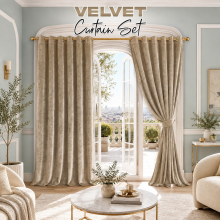 (90" x 90"_(228cm x 228cm), Beige) Velvet Curtains Ring Top Eyelet Curtain Pair with Tiebacks