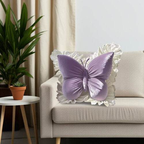 Butterfly Pillow Plush Decorative Cushion with Lace Ruffle 1