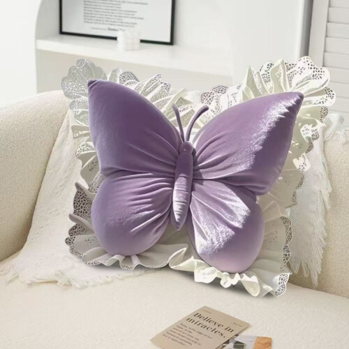 Butterfly Pillow Plush Decorative Cushion with Lace Ruffle 2