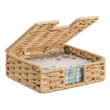 Napkin Holder with Lid for Outdoor Picnic Table, Square Woven Paper Basket for Kitchen, Camping & Farmhouse Decor