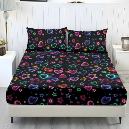 King Sheet Set Soft Black Neon Heart Star Print 3-Pc