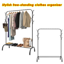 Heavy Duty Clothes Rail, 150 CM Metal Clothes Rack with Hooks, Bottom Rack, Holds up to 42 KG, Portable Hanging Rail Black