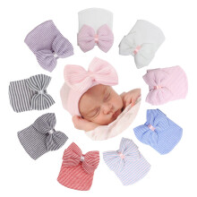 (White) Baby Bowknot Striped Cap Knitted Hat Soft Cute Caps Keep Gifts Fashion Warm