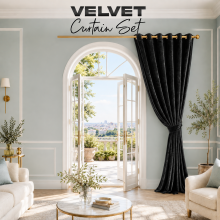 (66" x 84"_(168cm x 213cm)_Door Curtain, Black) Velvet Curtains Ring Top Eyelet Curtain Pair with Tiebacks