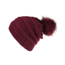 Women's Knitted Beanie Hat with Faux Fur Pom - Wine Red