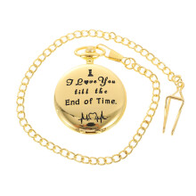 Golden Wooden Pocket Watch with Chain Retro Style