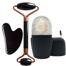 3PCS Facial Skincare Ice Roller Set - Cooling Face Massage Kit - Ice Roller, Gua Sha & Ice Mold Beauty Set Set2: Black Set