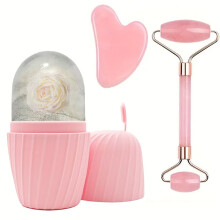 3PCS Facial Skincare Ice Roller Set - Cooling Face Massage Kit - Ice Roller, Gua Sha & Ice Mold Beauty Set Set2: Pink Set