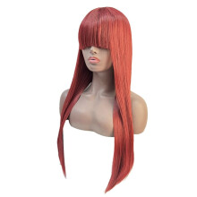 WIND FLYING Burgundy Long Straight Hair 24 Inches Wig with Bangs for Women Remy Hair Halloween Cosplay Wigs