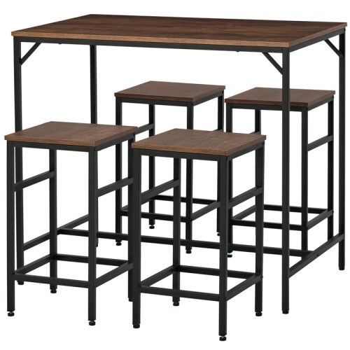 5-Piece Breakfast Bar Table and Stools Set, Space Saving Compact Dining Furniture for Small Spaces, Rustic Brown