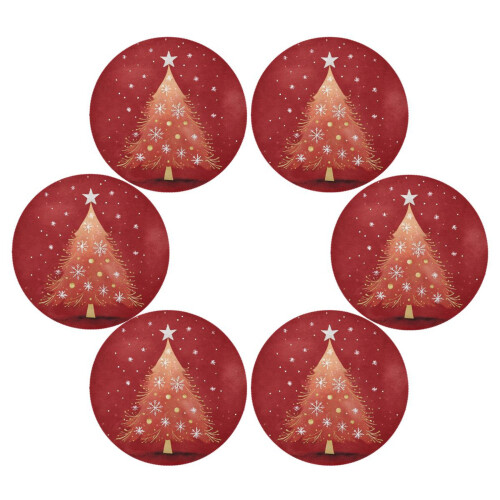 Round Placemat Set Polyester 6 pcs Red Christmas Tree 1