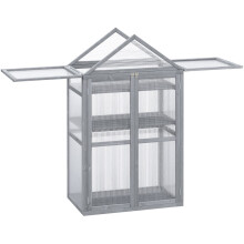 Garden Cold Frame Polycarbonate Greenhouse with Adjustable Shelves, Double Doors, Openable Top Covers, 80 x 47 x 138cm, Grey