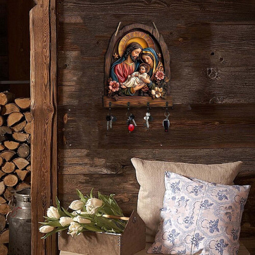 Wooden Wall Key Holder Rack with Hooks and Shelf 2