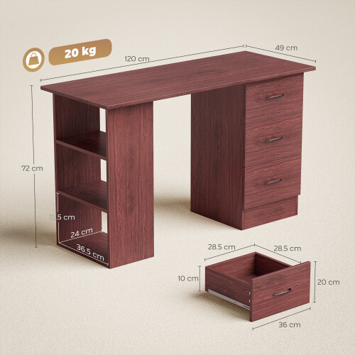 Homcom HOMCOM 120cm PC Table Workstation Computer Desk w/ Drawers, 3 Shelves Walnut 2