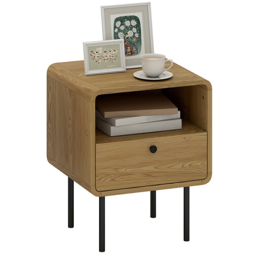 Bedside Table with Drawer and Open Shelf - Oak