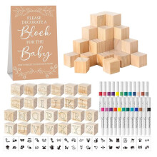 117 Pcs Baby Shower Blocks to Decorate Game Kit with 52 Wooden Blocks and 24 Markers