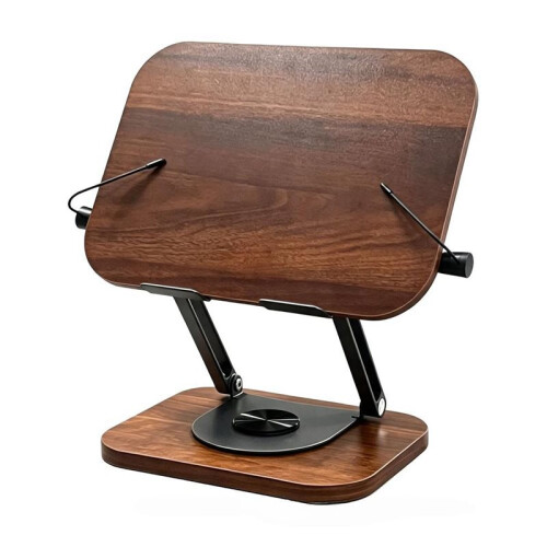 Heavy Book Stand with Expandable Page Holders Adjustable 360 Rotating Base Ergonomic Black Walnuts Storage Tray