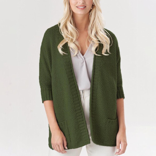Women's Open Front Cable Knit Cardigan Sweater 3/4 Sleeve 2