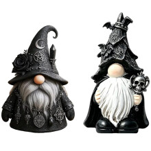 Figurine de Gnome Sorcière Gothique, Statue de Sorcier en Résine avec Chapeau en Forme de Pentagramme et Accents en Chaîne pour la Décoration