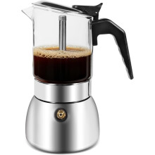 Cafetière Moka, 300 Ml, en Acier Inoxydable avec Dessus en Verre Borosilicate, pour un Riche Café Italien