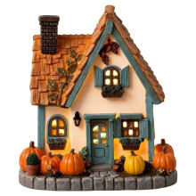 Room Accent PumpkinHouse Light, Resin Cottage Figurine with LED Pane Glow and Fall for Bookshelf Table Nightstand B