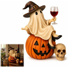 Wine Night Halloween Decor, Spooky Witch Figurine Sitting Pumpkin with Wine Glass, for Home Party Decor Gift