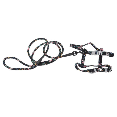 Cat Harness and Leash Set Japanese Style Black Flower 1