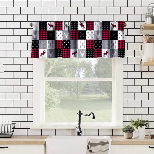 Plaid Valance with Moose Deer Buffalo Pattern Vintage Pine 1