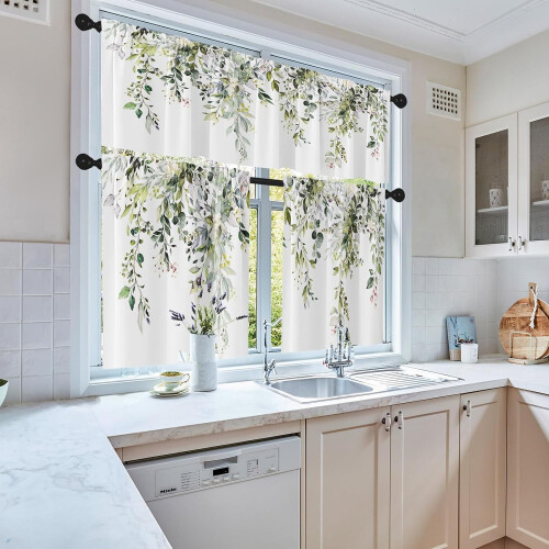 Green Eucalyptus Kitchen Curtains Set – Watercolor Floral 1