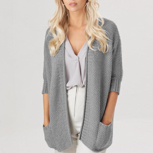 Women's Open Front Cable Knit Cardigan Sweater 3/4 Sleeve 2