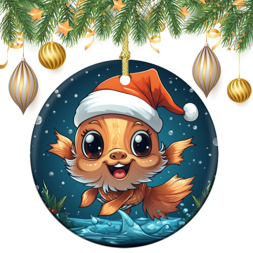 Christmas Ceramic Ornament Goldfish Red Santa Hat 1
