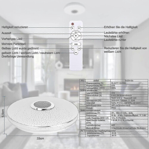 (As show, One size) 36w Led Deckenleuchte Dimmbar Mit Bluetooth Lautsprecher,led Deckenlampe Mit Fernbedienung Oder App- 2