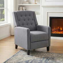 Grey Linen Tufted Pushback Recliner Armchair, 140° Reclining Single Sofa Chair with Wooden Legs