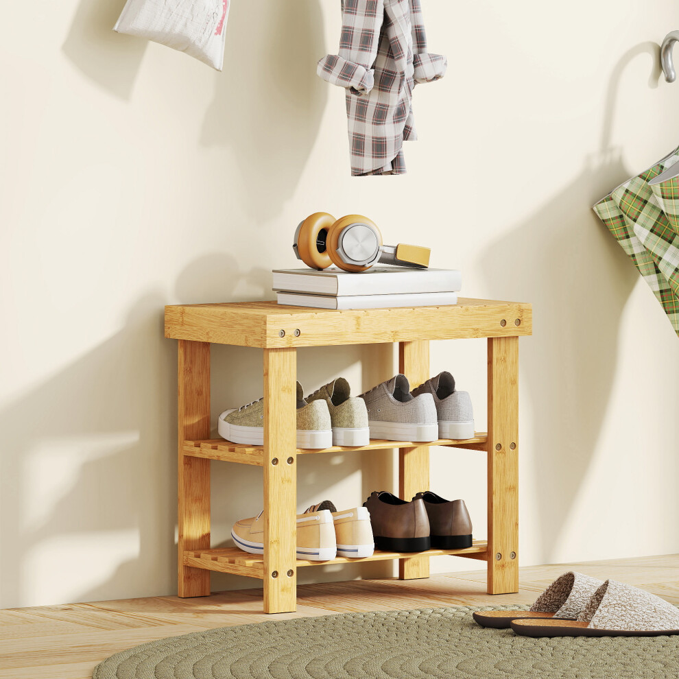 HOMCOM 3-Tier Bamboo Shoe Bench with 2 Shelves for Entryway, Wood Finish in Natural - Image 5