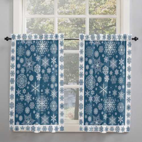 Blue Christmas Kitchen Curtains Rod Pocket 2 Panels 52x63 1