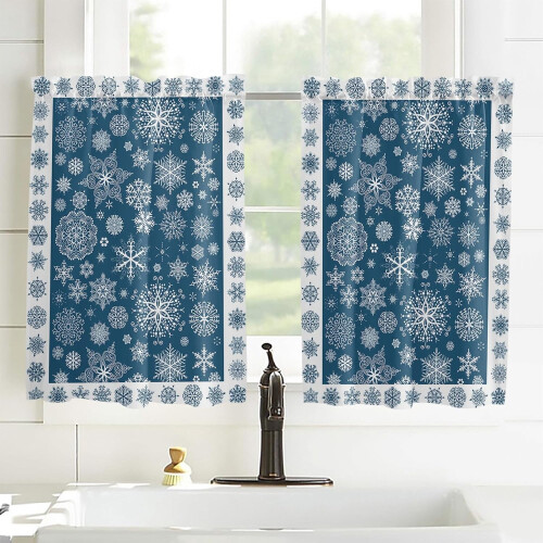 Blue Christmas Kitchen Curtains Rod Pocket 2 Panels 52x63 2